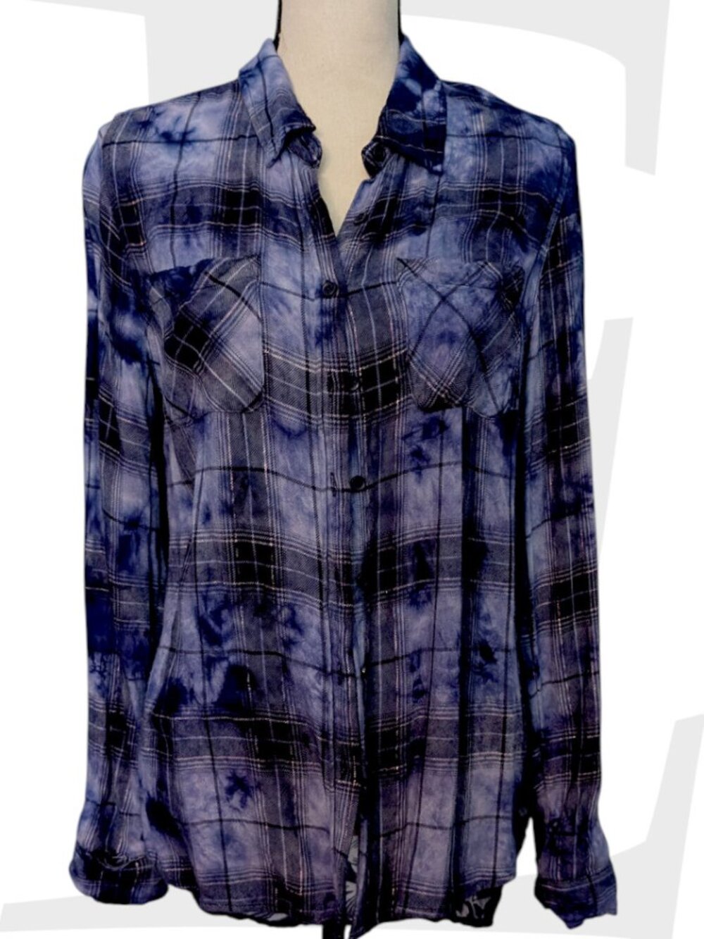 Indigo Threads Blue Flannel Sheer Back Panel Blouse - FLAW